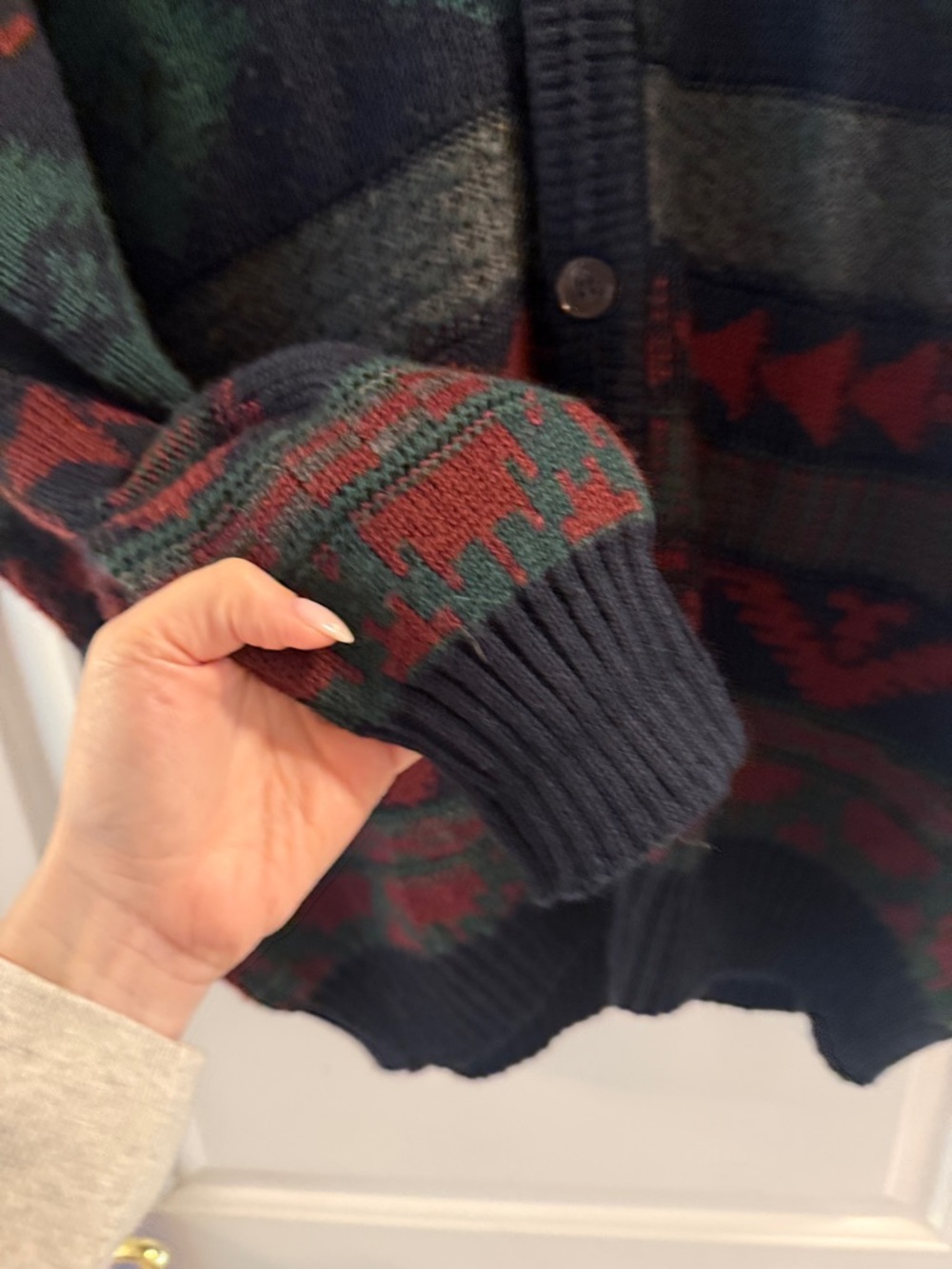 Button-Front Geometric Cardigan Sweater - Navy/Forest Green/Rust - Picture 6 of 8